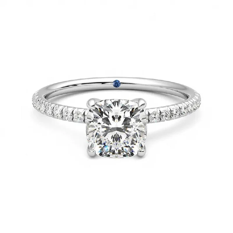 Four-Prong Cushion Cut Moissanite Engagement Ring with Hidden Anniversary Stone Accent