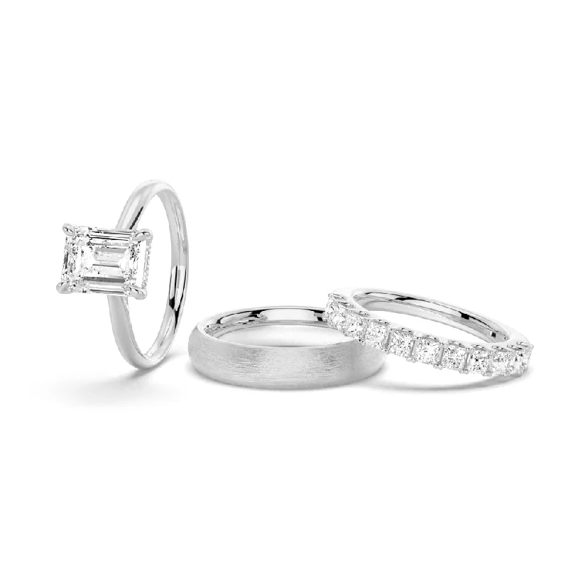 Emerald Cut Hidden Halo Moissanite Couple's Ring Set with Men's Wedding Band