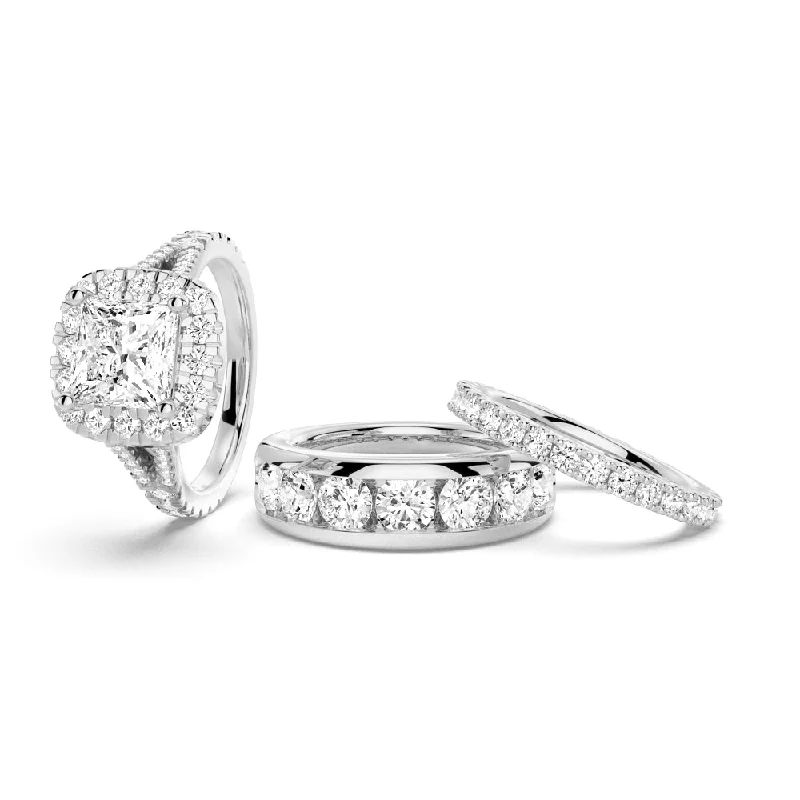 NEW Princess Cut Split-Shank Halo Moissanite Couple's Ring Set with Men's Wedding Band