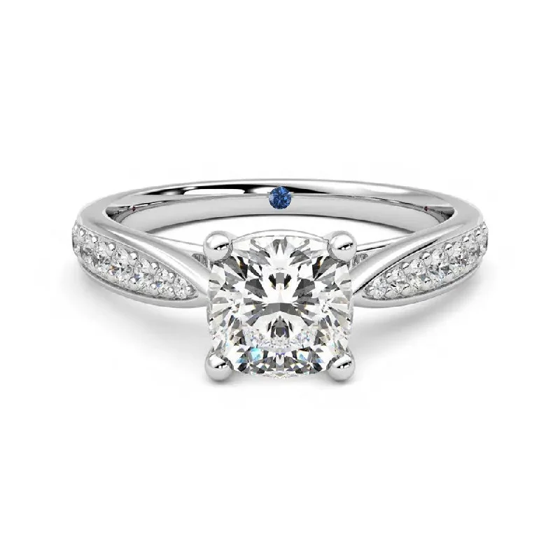 Cushion Cut Moissanite Engagement Ring with Pavé Band and Hidden Anniversary Stone Accent