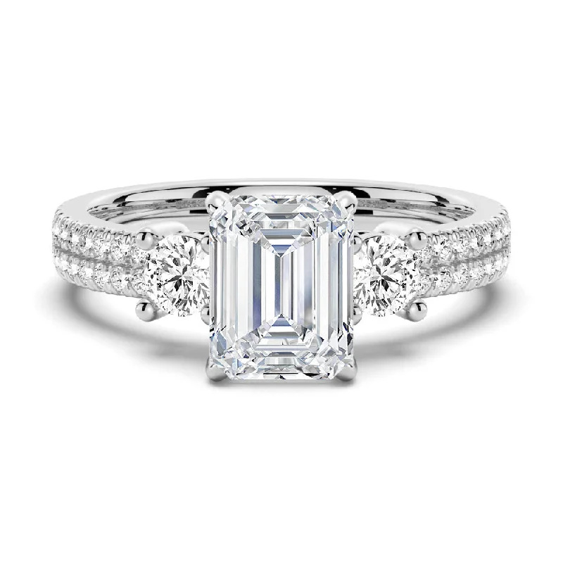 NEW Double Row Pave Three Stone Emerald Cut Moissanite Engagement Ring