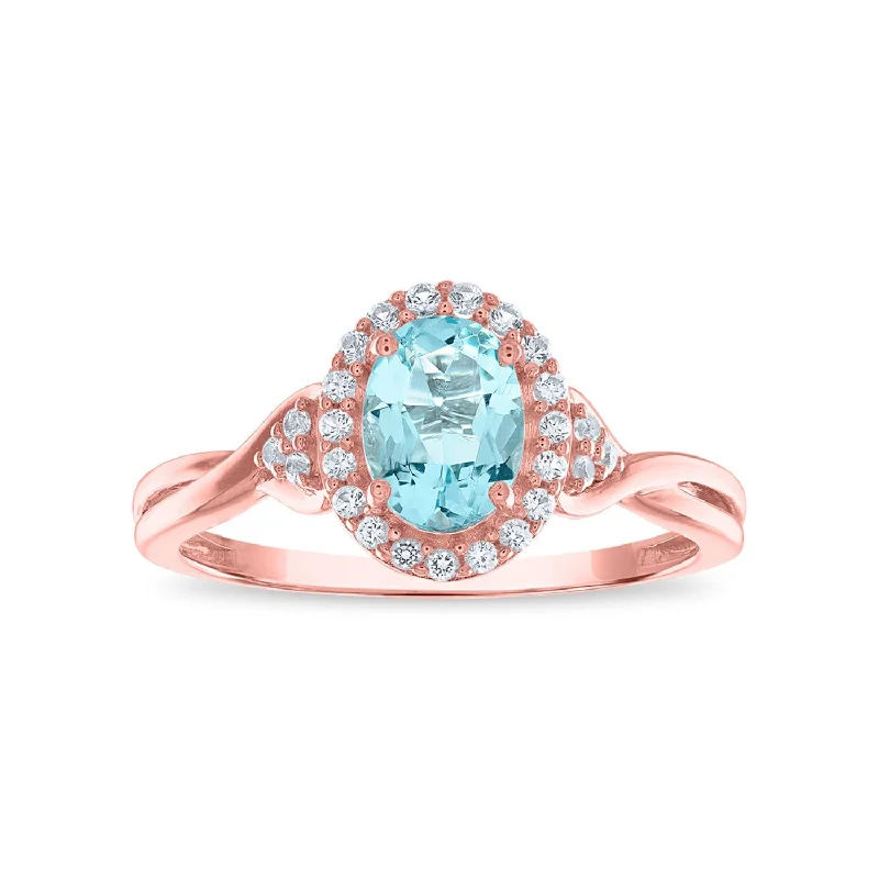 7X5MM Simulated Aquamarine and White Sapphire Ring in 10KT Rose Gold