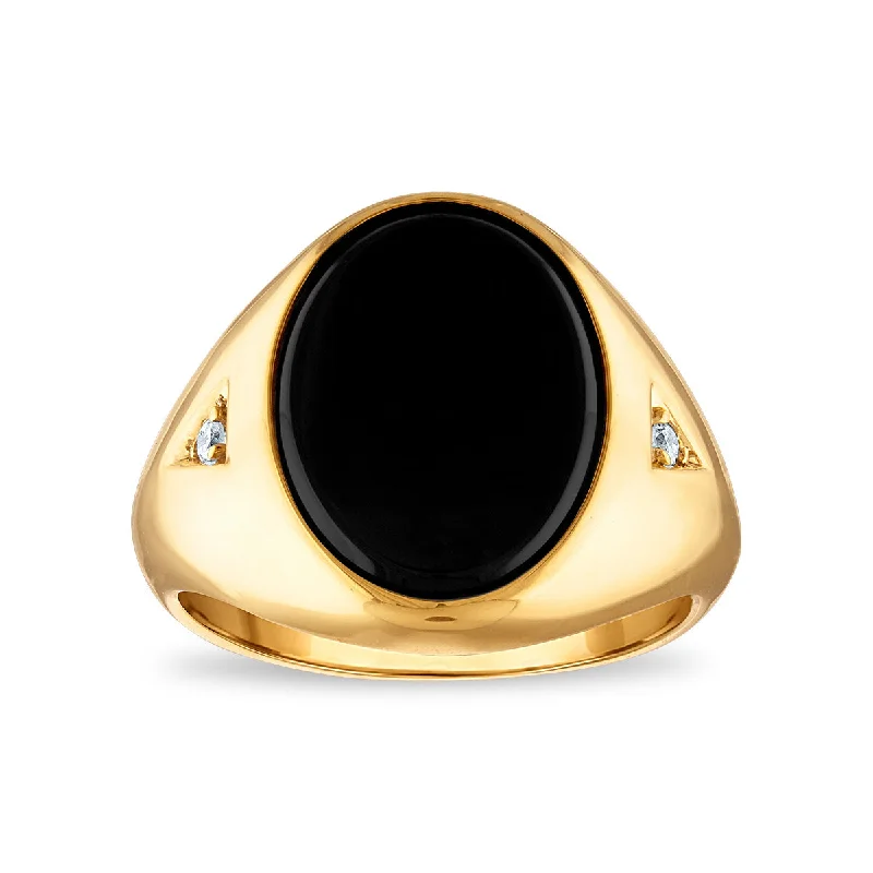 16X12MM Oval Onyx and Diamond Signet Ring in 10KT Yellow Gold