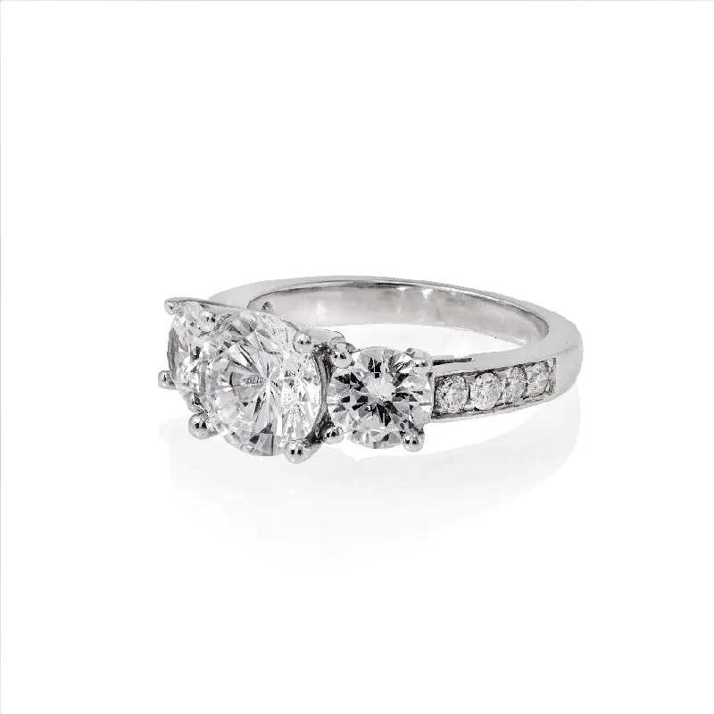 Platinum Three Stone Round Diamond Semimount w/ Pave Set Diamonds