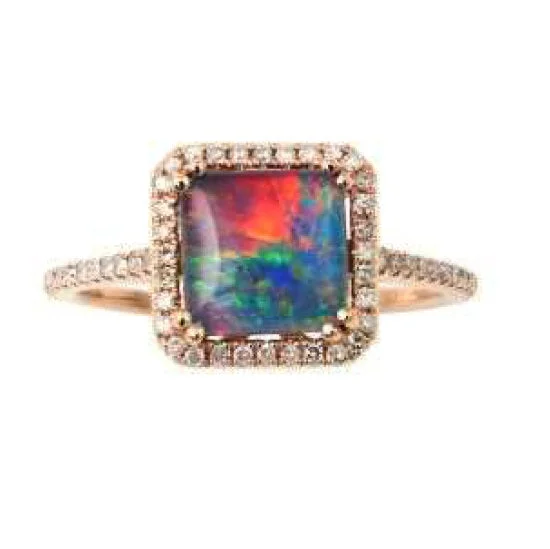 Color Sensations 8MM Cushion Opal Triplet and Diamond Gem Stone Halo Ring in 14KT Rose Gold