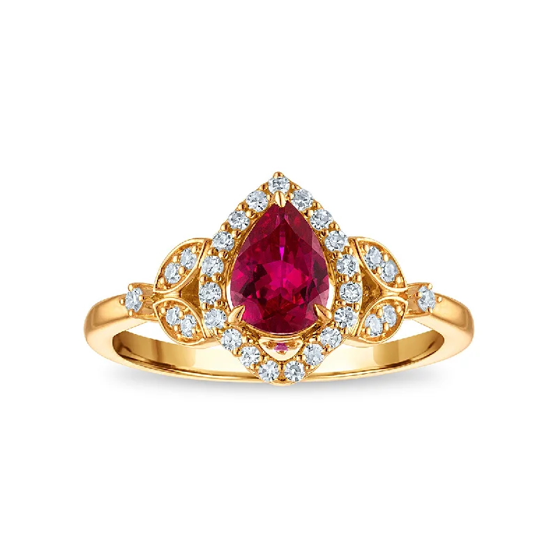 LoveSong EcoLove Pear Ruby and Lab Grown Diamond Halo Ring in 10KT Yellow Gold