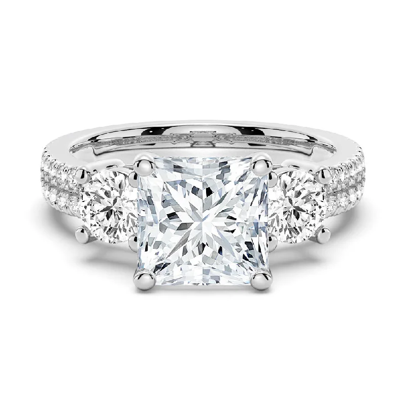 Double Row Pave Three Stone Princess Cut Engagement Ring