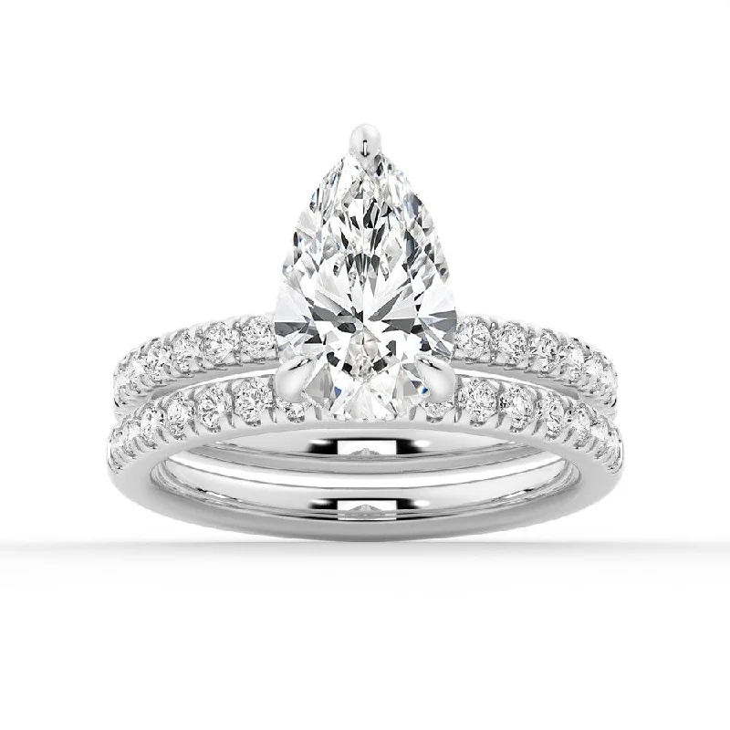 Pear-Shaped Pavé Band Moissanite Engagement Ring With Hidden Halo Ring Set