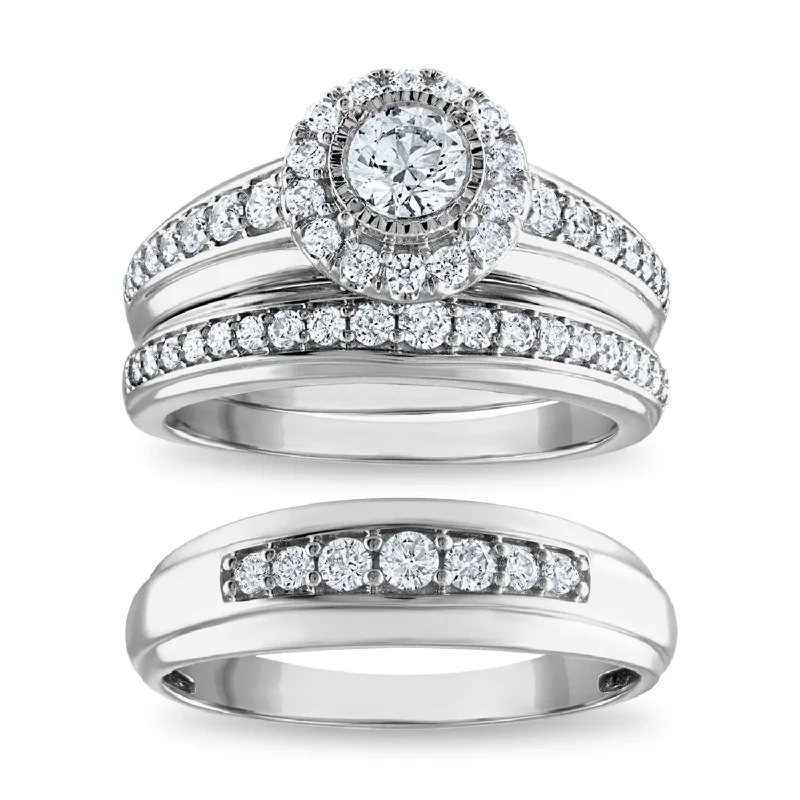 EcoLove 1 1/4 CTW Lab Grown Diamond Halo Wedding Trio Set in 14KT White Gold