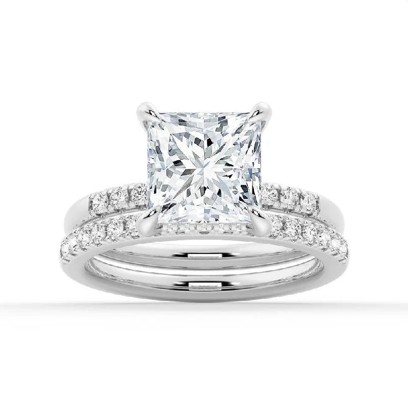 Princess Cut Hidden Halo Moissanite Ring Set with Matching Wedding Band