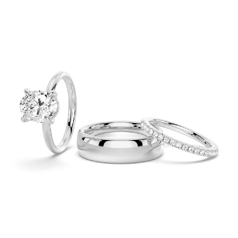 Oval Solitaire Moissanite Couple's Ring Set with Men's Wedding Band