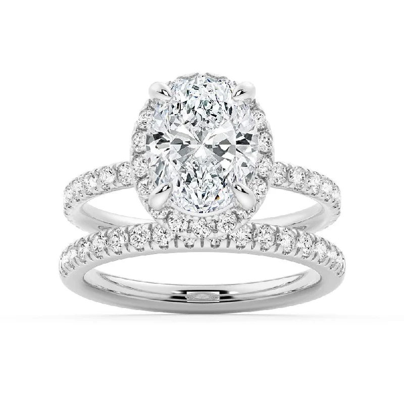 Oval Shaped Moissanite Halo Engagement Ring Set with Matching Wedding Band