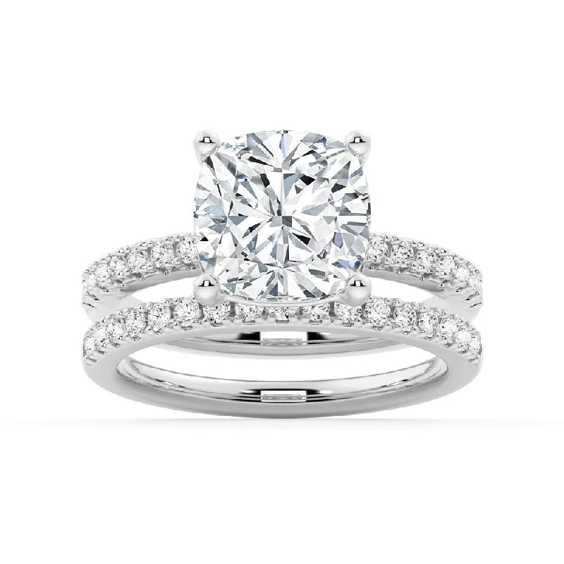 Cushion Shaped Moissanite Ring Set with Matching Wedding Band