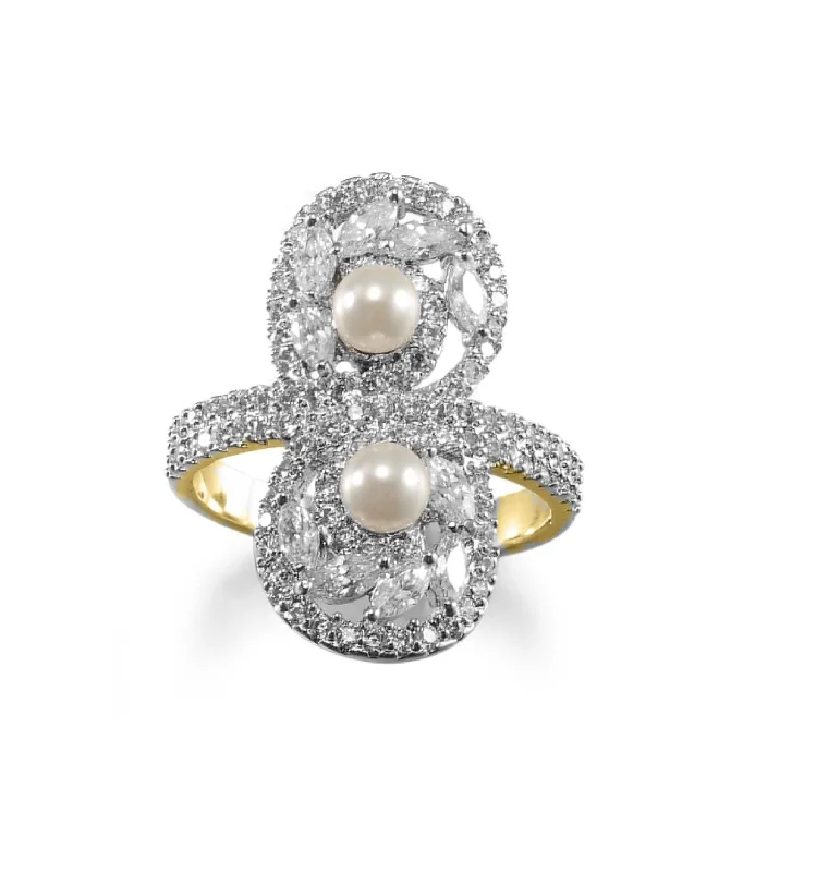 Yellow-tone Base Metal Round Pearl and Cubic Zirconia Ring; Size 7