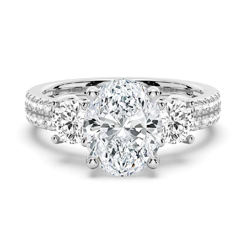 Double Row Pave Three Stone Oval Cut Engagement Ring