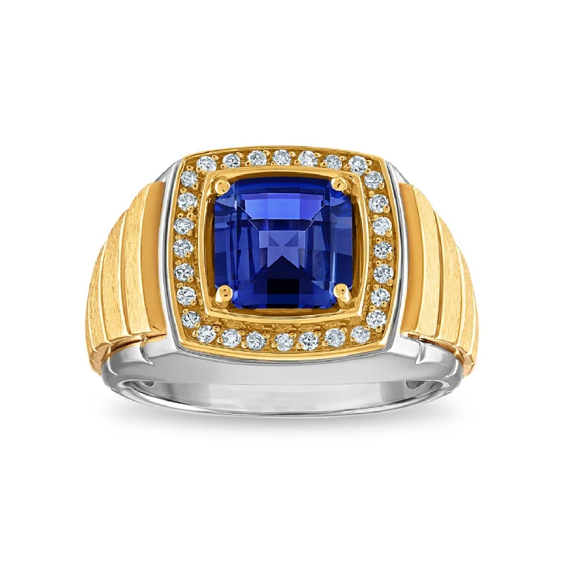 9MM Cushion Blue Sapphire and Diamond Halo Ring in 10KT White and Yellow Gold