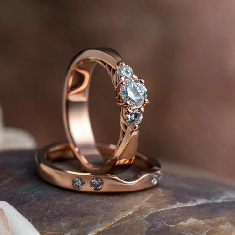 Three Stone Floral Prong Engagement Ring & Matching Shadow Band