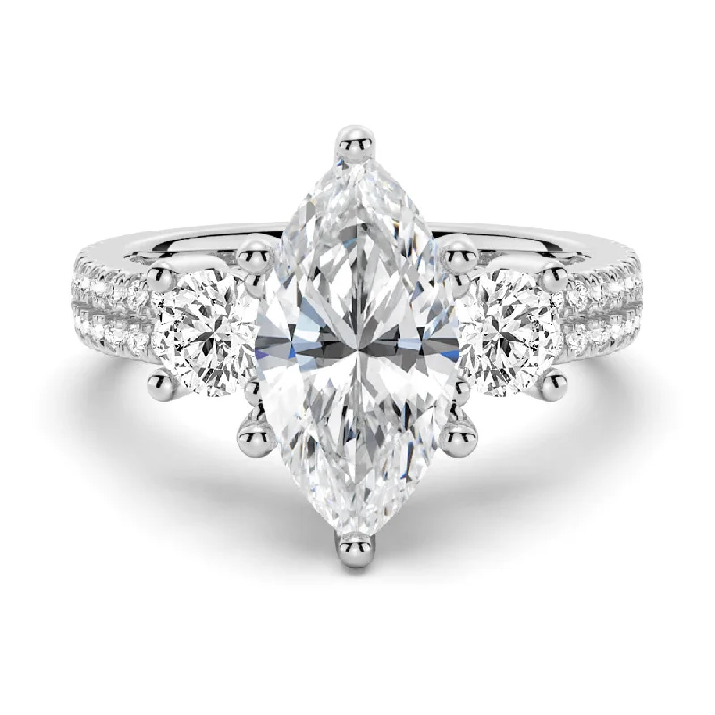 NEW Double Row Pave Three Stone Marquise Cut Moissanite Engagement Ring