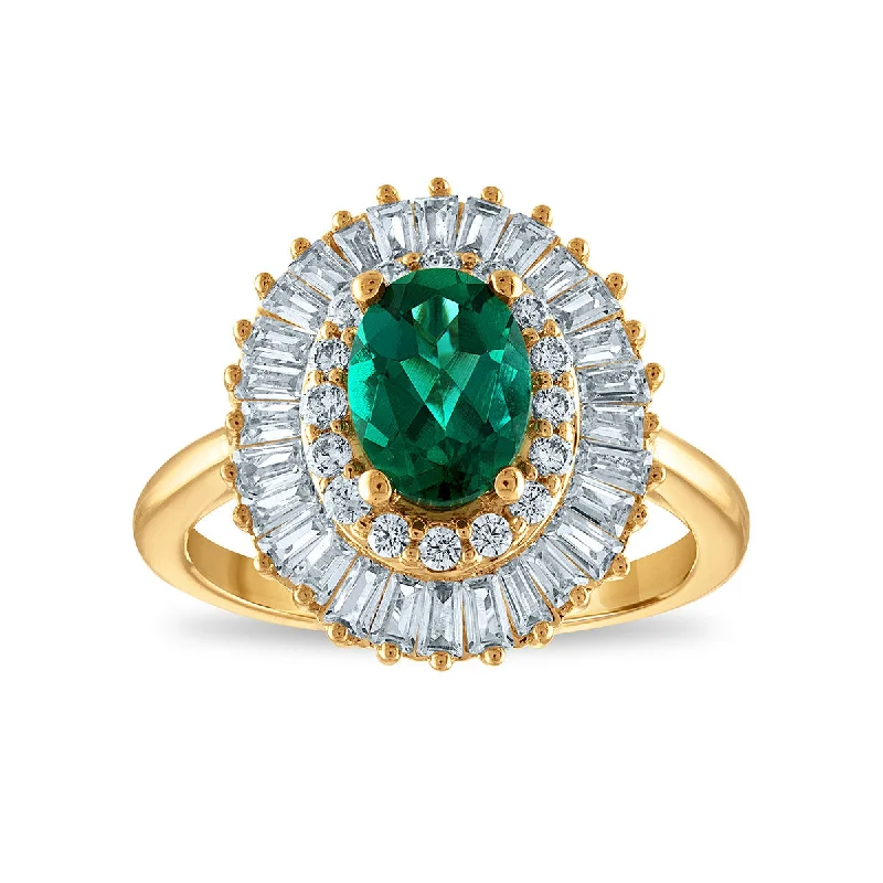 Emerald and Diamond Halo Ring in 10KT Yellow Gold