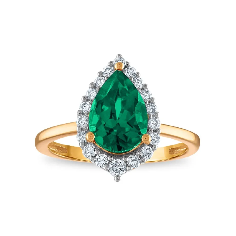 LoveSong EcoLove 10X7MM Pear Emerald and Diamond Halo Ring in 10KT Yellow Gold