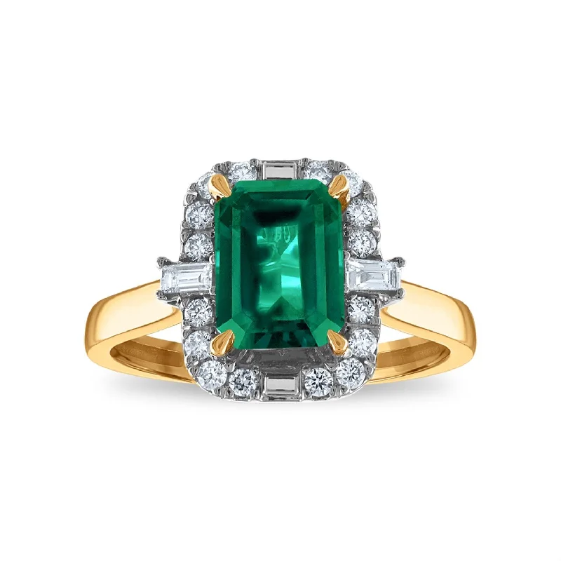 LoveSong EcoLove 8X6MM Emerald Shape Emerald and Diamond Halo Ring in 10KT Yellow Gold