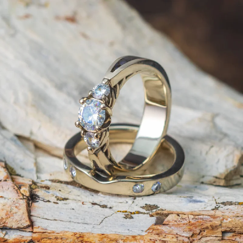 Dinosaur Bone Bridal Set With Three Stone Engagement Ring & Band