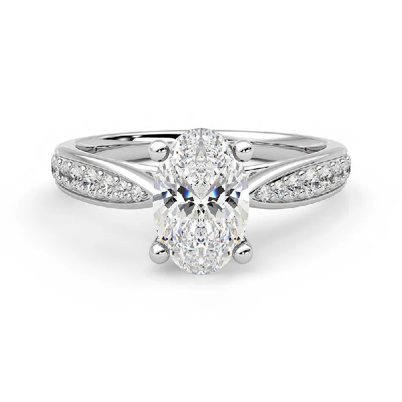 Oval Cut Moissanite Engagement Ring with Pavé Band and Hidden Anniversary Stone Accent