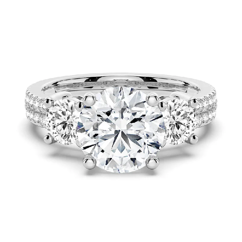 Double Row Pave Three Stone Round Cut Engagement Ring