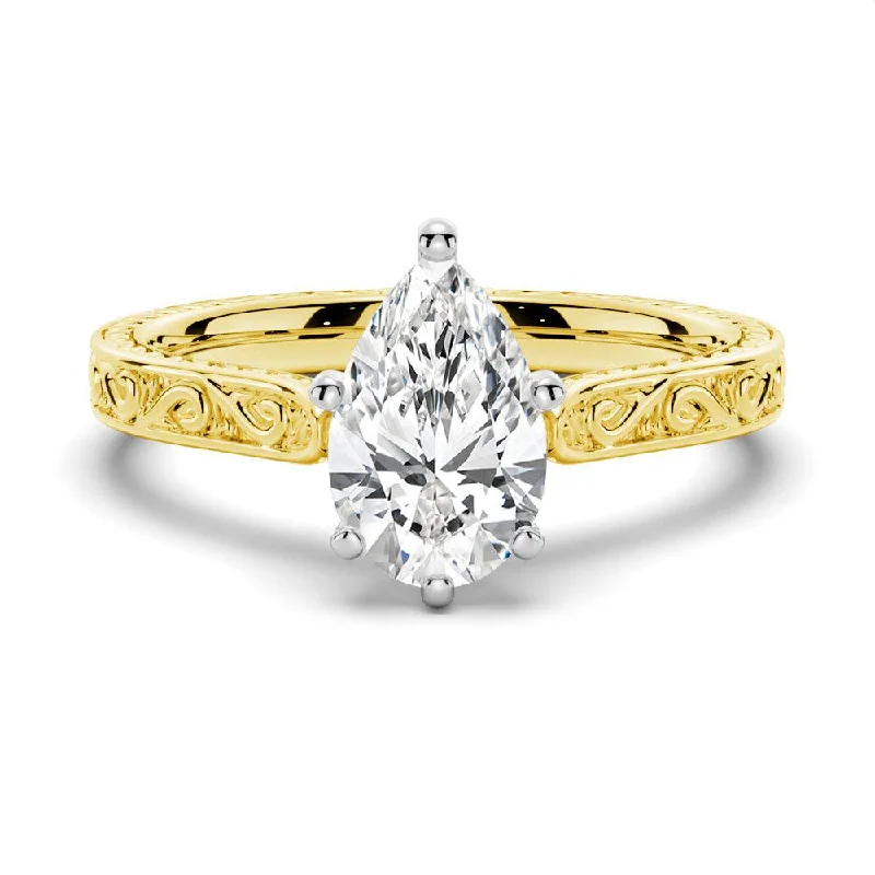 Vintage Two-Tone Pear Shaped Moissanite Engagement Ring With Milgrain Edges