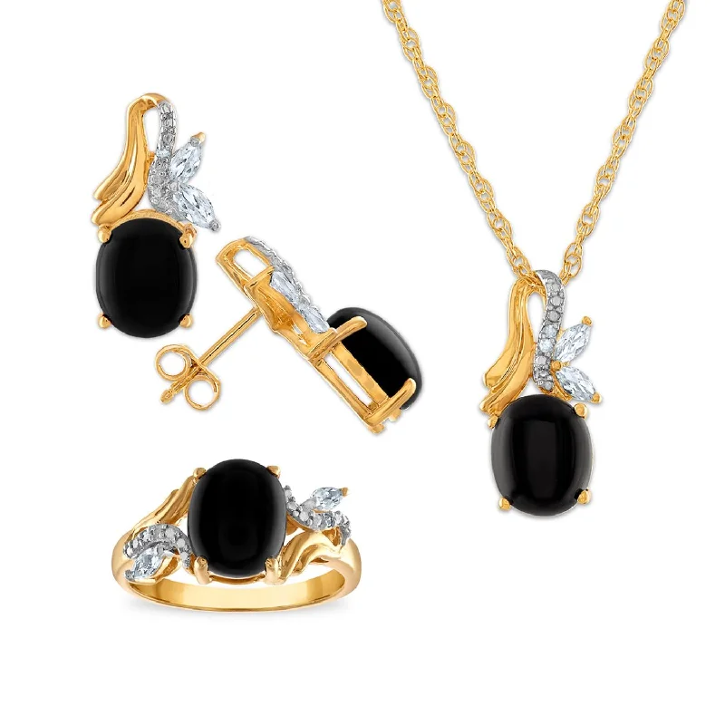 Onyx and White Sapphire Ring Pendant Earrings Set in Gold Plated Sterling Silver