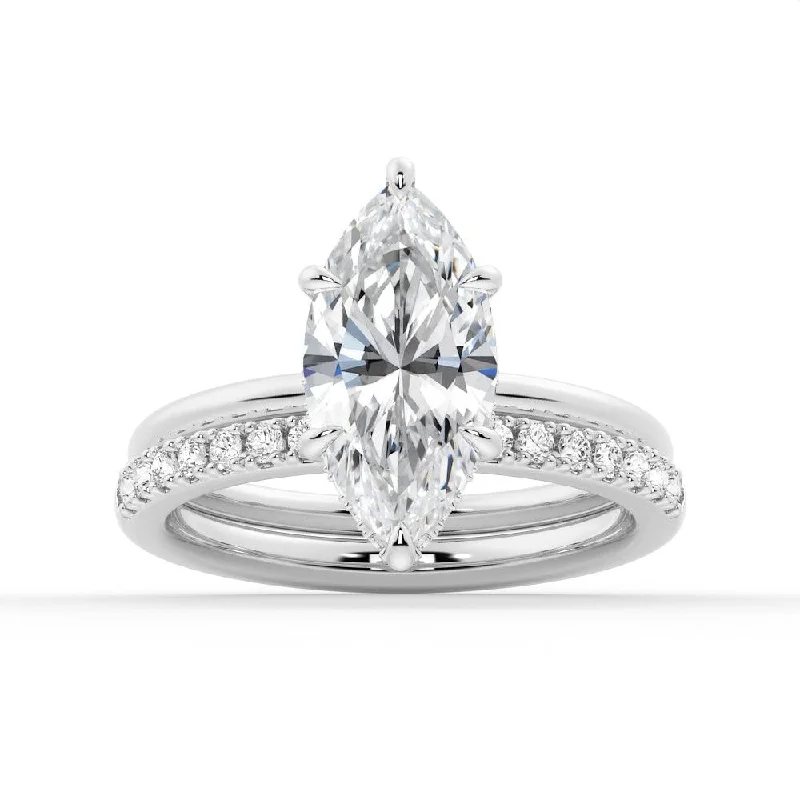 Petite Marquise Solitaire Moissanite Engagement Ring Set With Hidden Halo