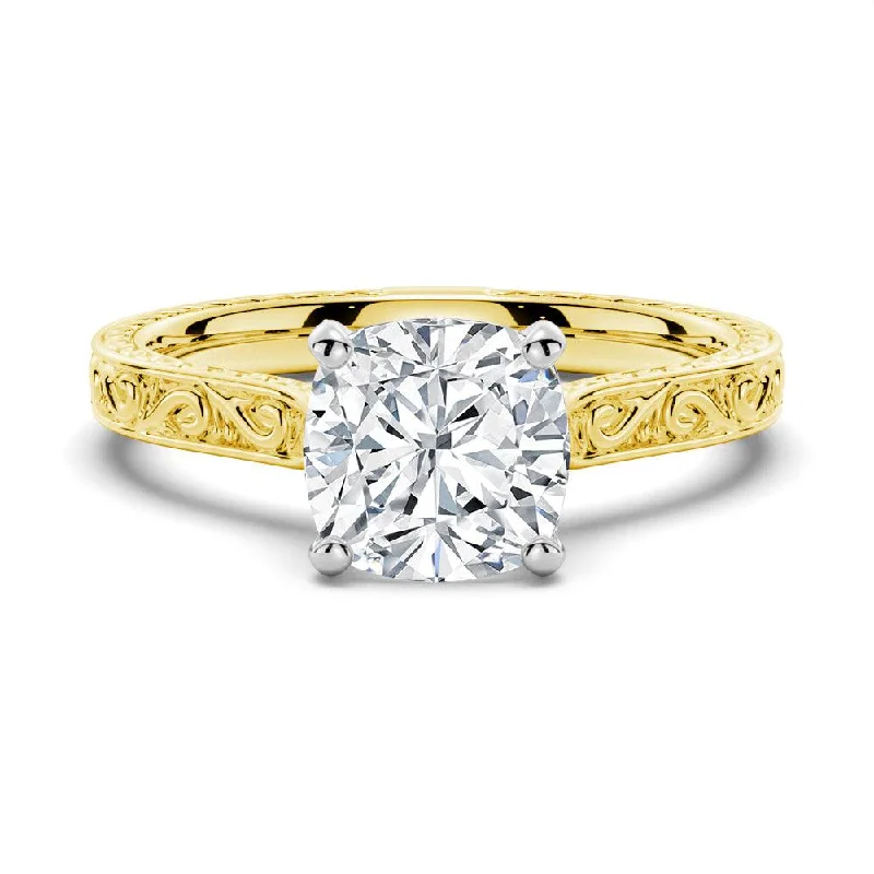 Vintage Two-Tone Cushion Moissanite Engagement Ring With Milgrain Edges