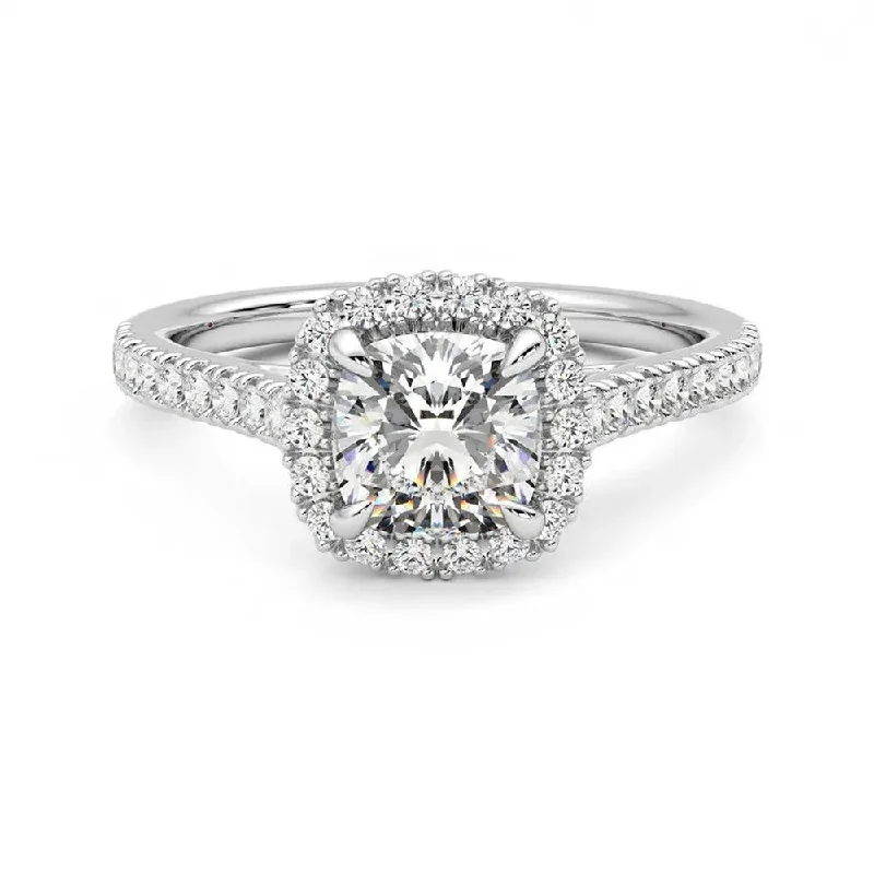 Cushion Cut Halo Moissanite Engagement Ring with Hidden Anniversary Stone Accent