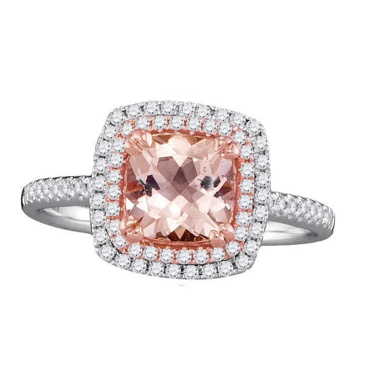 7MM Cushion Morganite and Diamond Halo Ring in 14KT White and Rose Gold