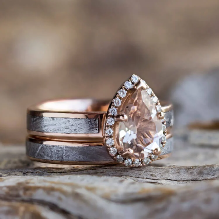 Pear Halo & Meteorite Engagement Ring With Matching Band