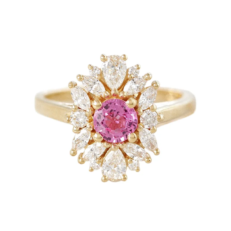 Pink sapphire unique diamond cluster halo engagement ring, Odisea