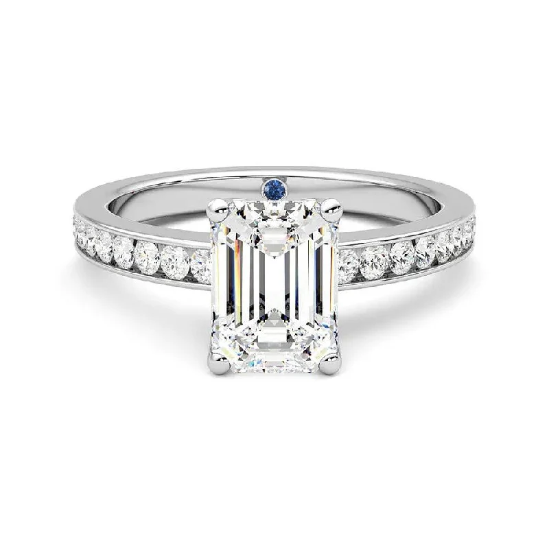 Emerald Cut Moissanite Engagement Ring with Hidden Anniversary Stone and Channel-Set Side Stones