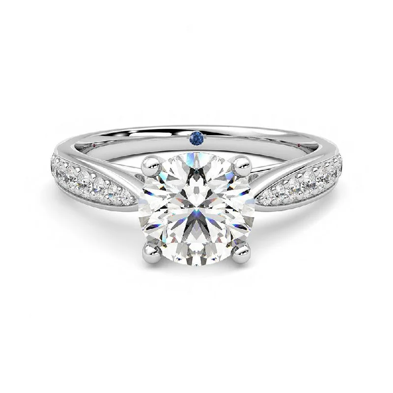 Round Moissanite Engagement Ring with Pavé Band and Hidden Anniversary Stone Accent