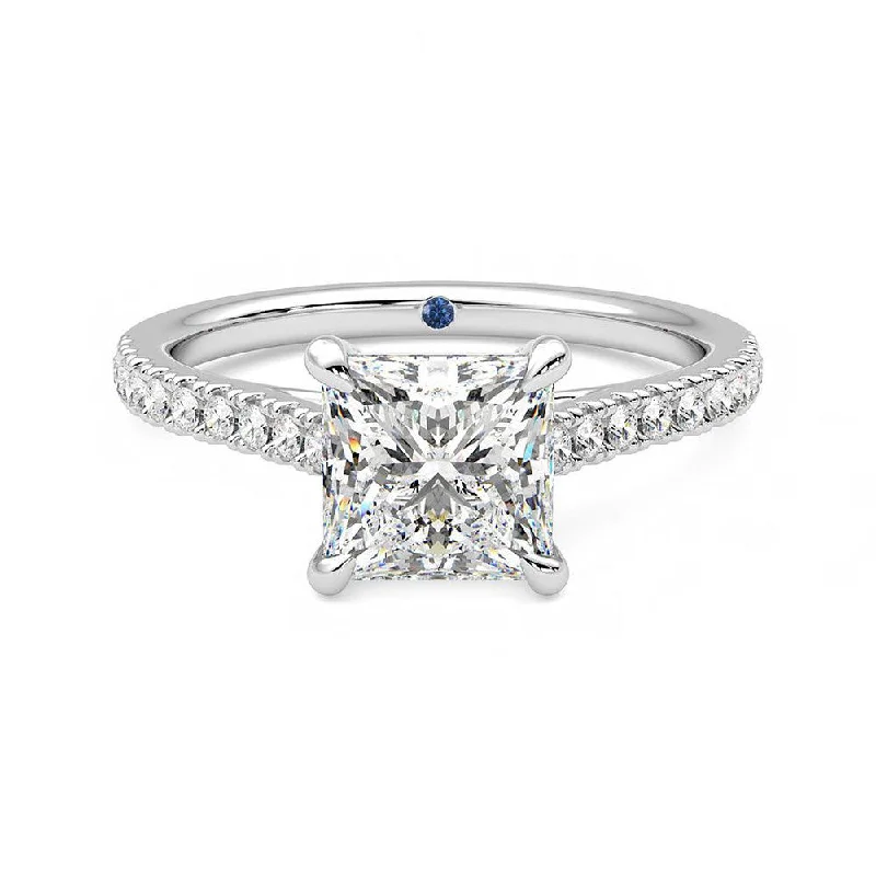 Princess Cut Moissanite Engagement Ring with Hidden Anniversary Stone and Pavé Accents