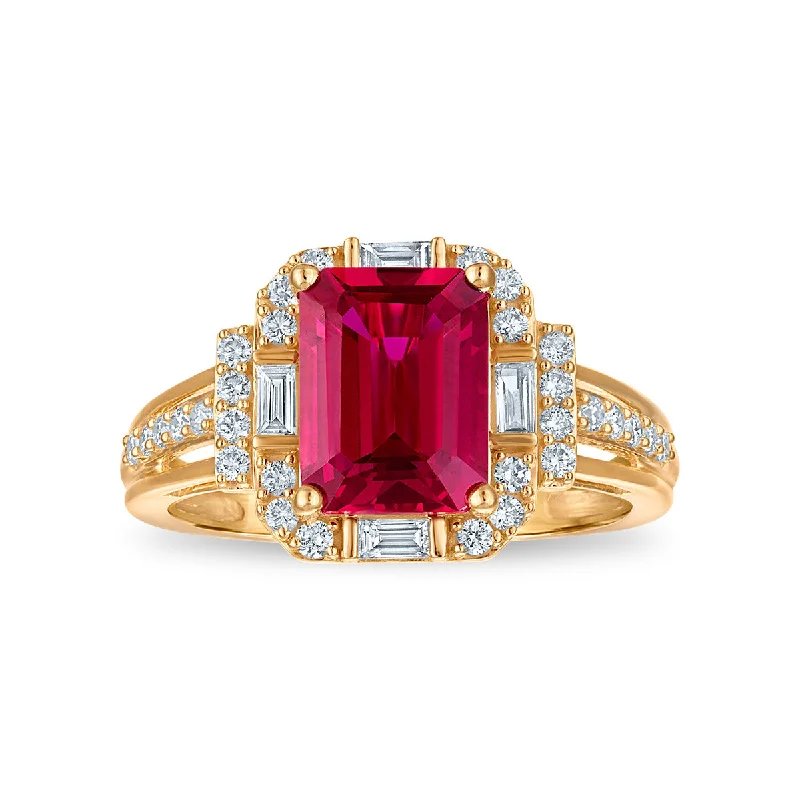 Ruby and Diamond Halo Ring in 10KT Yellow Gold