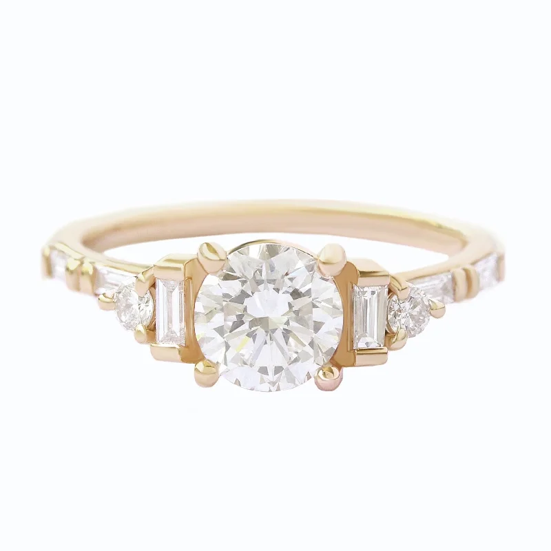 Round and Baguette Diamonds Cluster Art Deco Engagement Ring - Alana