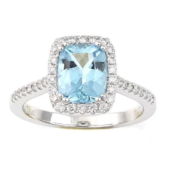 6X8MM Cushion Aquamarine and Diamond Ring in 14KT White Gold