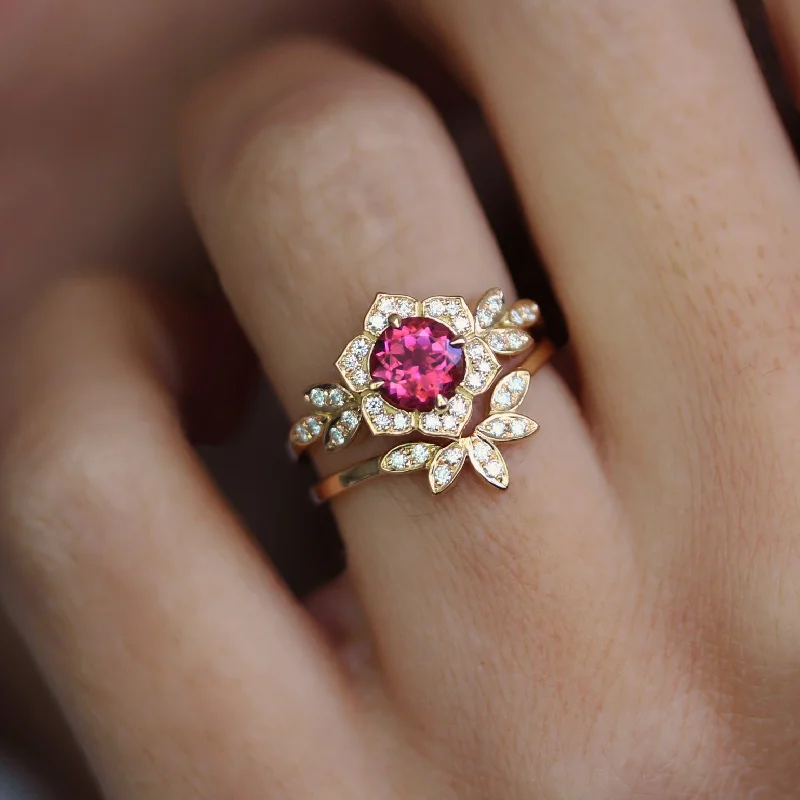 Tourmaline & Diamonds Unique Engagement Ring Set - "Lily Flower"