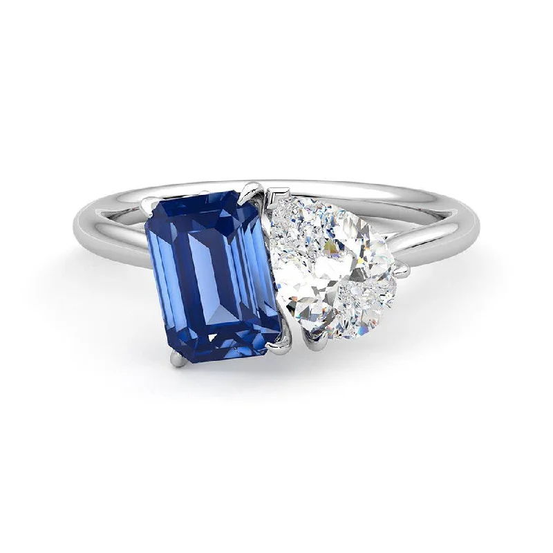 Toi et Moi Pear Shaped Moissanite and Emerald Cut Sapphire Engagement Ring