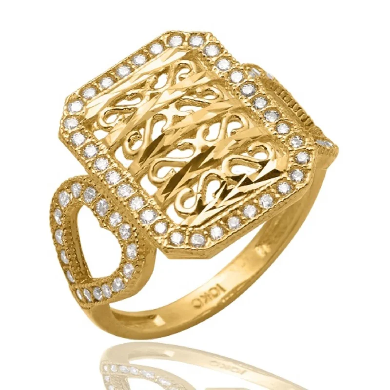 10KT Yellow Gold Round Cubic Zirconia Filigree Ring