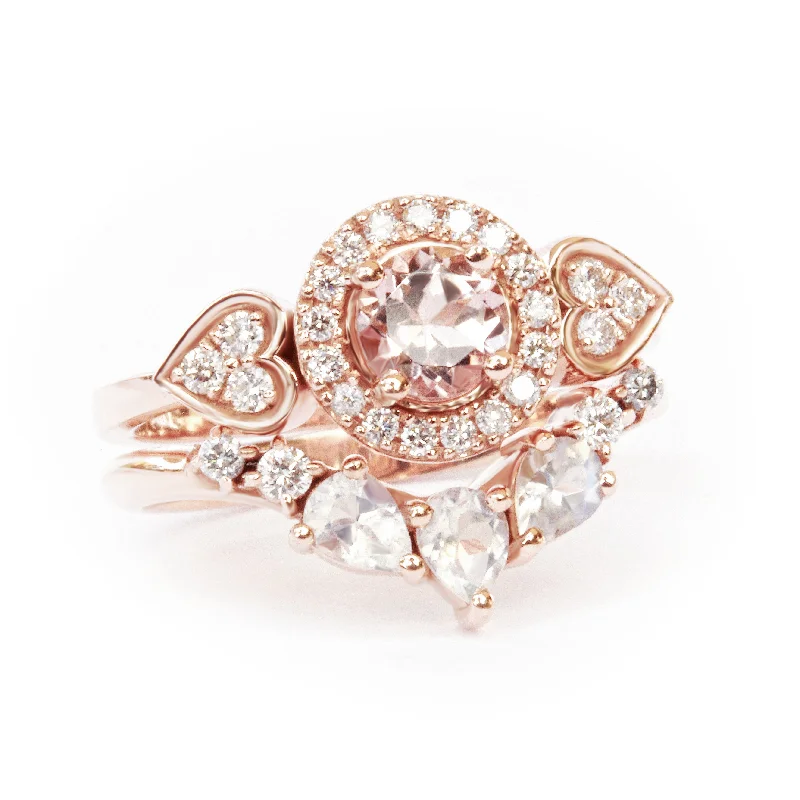 Morganite, Moonstone & Diamonds, Engagement Rings set, Sugar Rose + Gaia