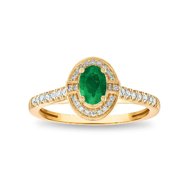 LoveSong 6X4MM Oval Emerald and Diamond Halo Ring in 10KT Yellow Gold