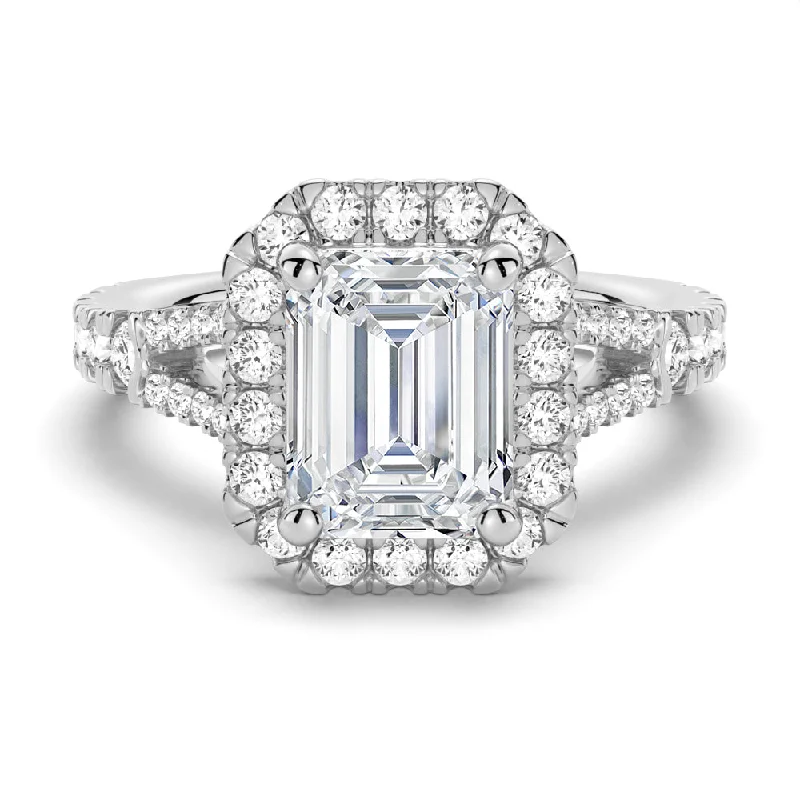 Emerald Cut Split-Shank Halo Engagement Ring