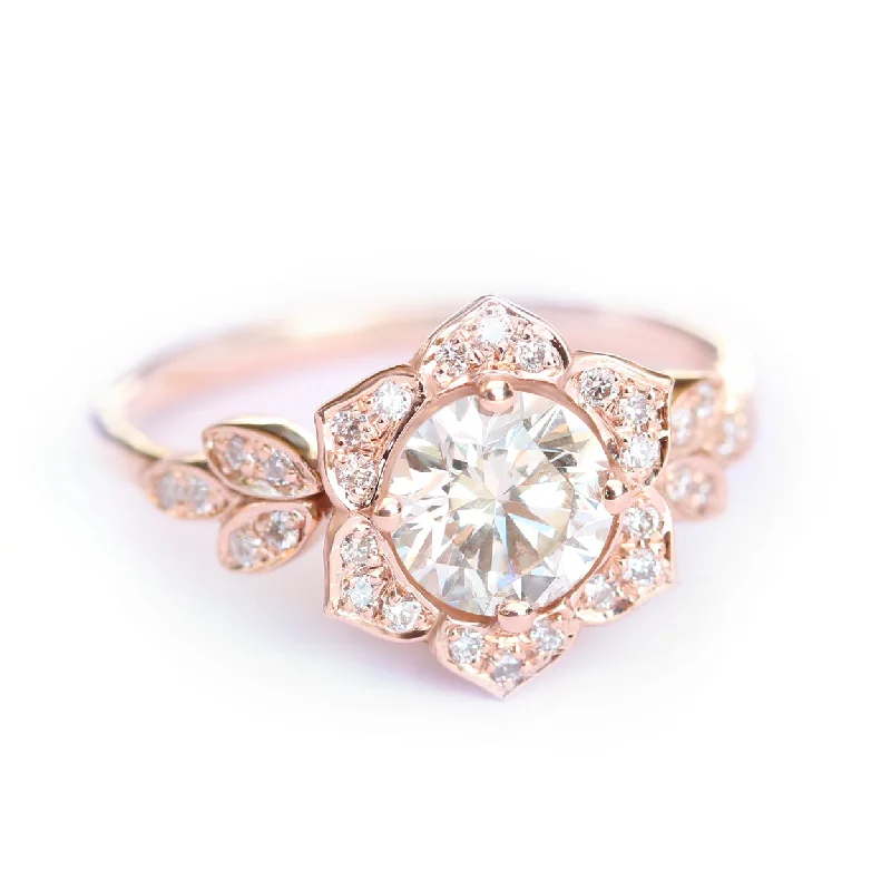 Lily Flower Round Diamond Engagement Ring