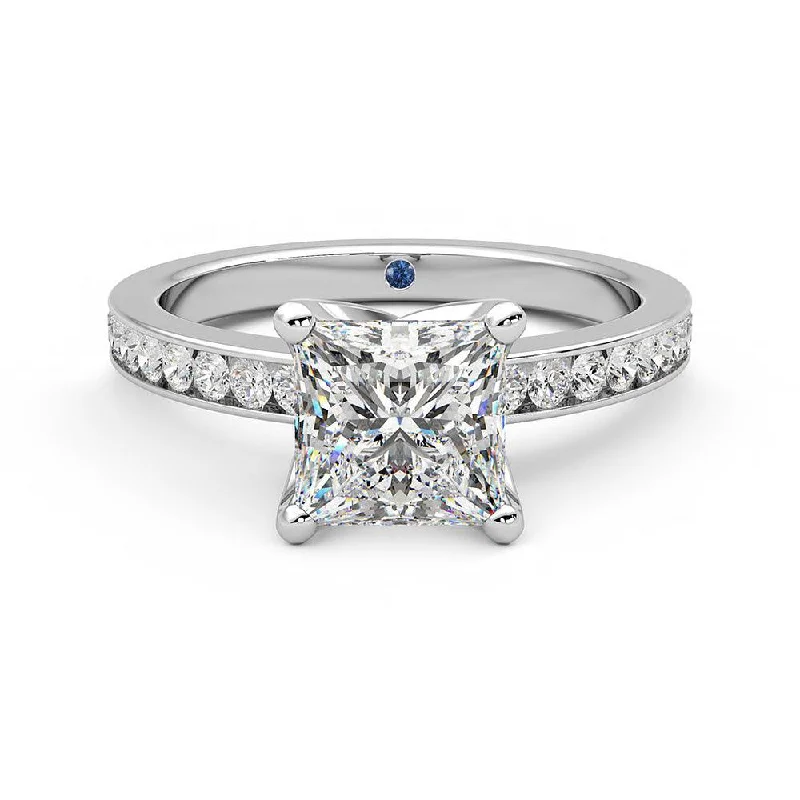 Princess Cut Moissanite Engagement Ring with Hidden Anniversary Stone and Channel-Set Side Stones